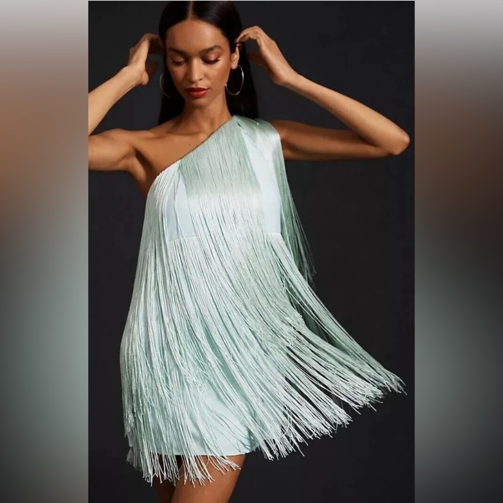 anthropology one shoulder fringe midi dress